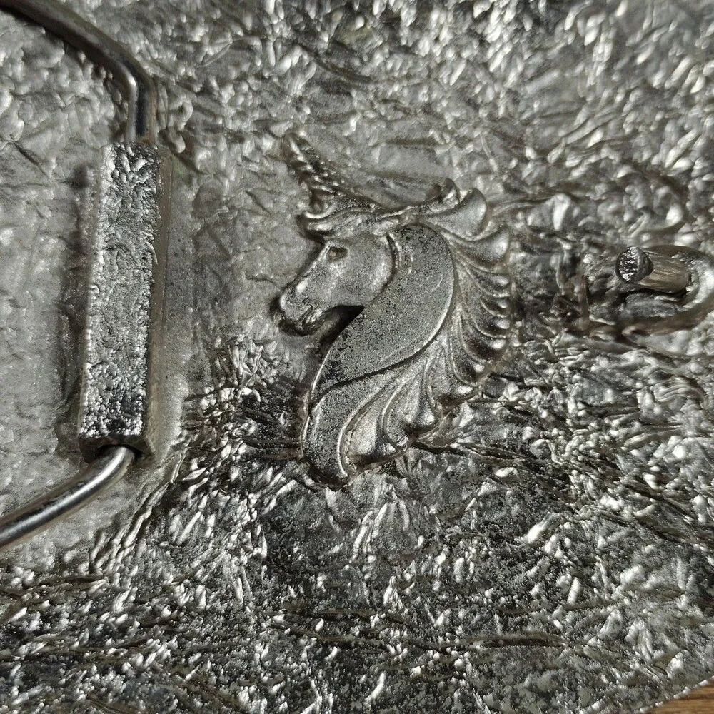 Vintage Unicorn Turquoise Chip Inlay Oval Belt Buckle Silver Tone Mystical Magic